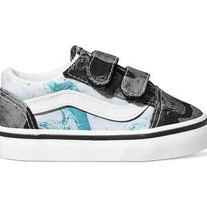 Vans Old Skool V Kids Sneakers Marble Black/Blue Velcro Size 8 Gently Used